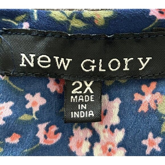 Floral V-Neck Short Sleeve Blouse By New Glory 2X Navy Pink Green Lightweight & - Picture 4 of 6